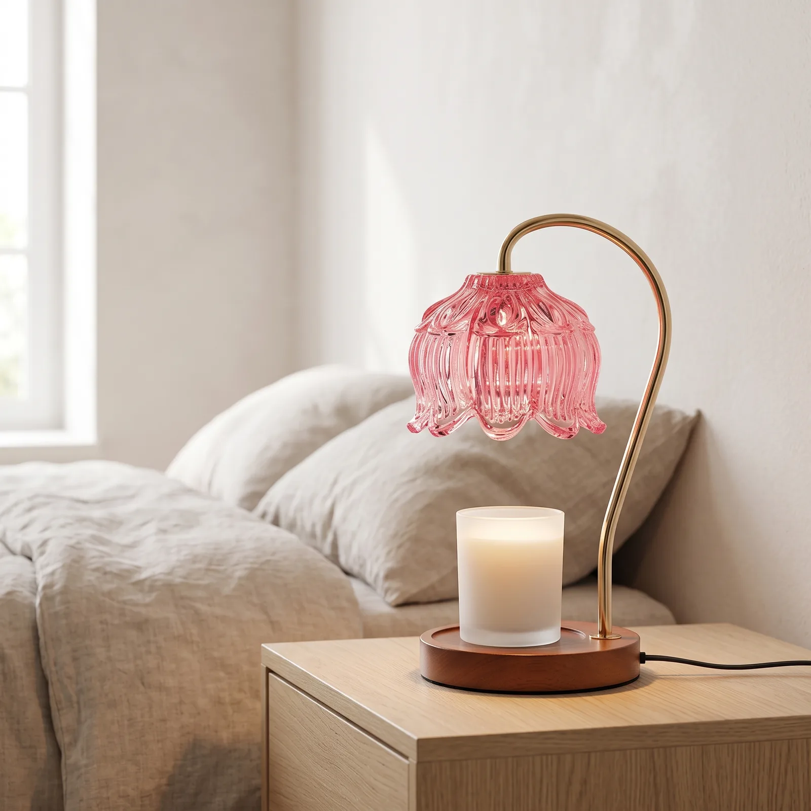 A candle warmer lamp with a pink ribbed glass flower shade, gold curved arm and round wooden base on a bedside table, warming a white candle